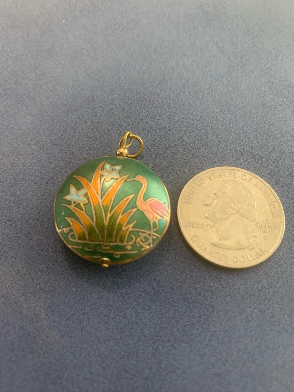 Gorgeous Green Vintage Cloisonné Bird & Flowers Pendant
